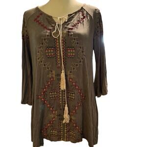 POL Embroidered Boho Tunic Top, Olive Green Peasant Tassel Tie Festival, Small